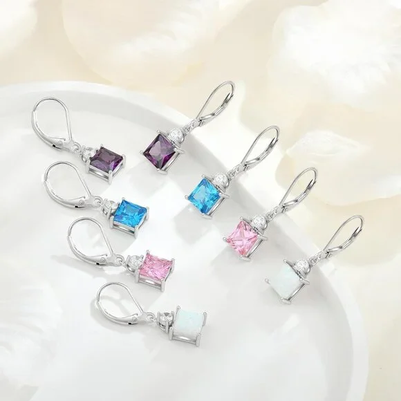 Princess Emerald Cut Dangle Earrings for Women, Solid 925 Sterling Silver 18K Wh